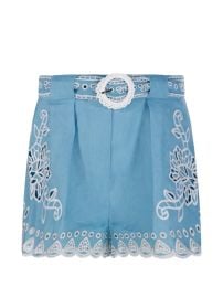 FARM Rio floral-embroidered Belted Shorts Blue at Farfetch